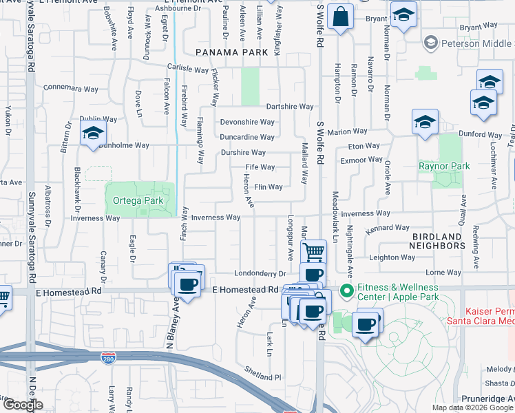 map of restaurants, bars, coffee shops, grocery stores, and more near 802 Humewick Way in Sunnyvale