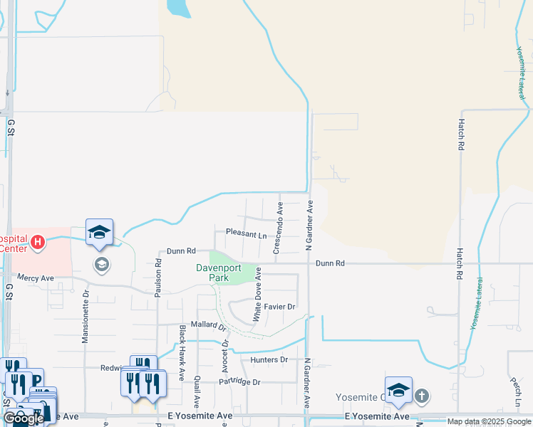map of restaurants, bars, coffee shops, grocery stores, and more near 4116 Sunshine Court in Merced