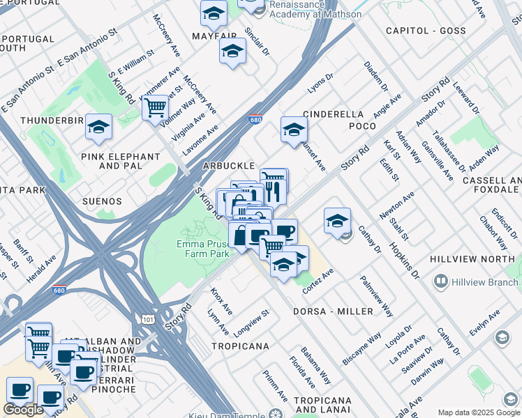 map of restaurants, bars, coffee shops, grocery stores, and more near 1837 Luke Court in San Jose