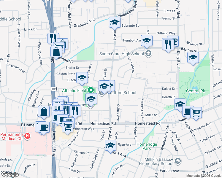 map of restaurants, bars, coffee shops, grocery stores, and more near 3295 Brookdale Drive in Santa Clara