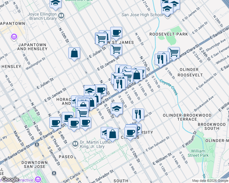 map of restaurants, bars, coffee shops, grocery stores, and more near 75 North 12th Street in San Jose