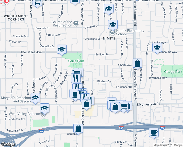 map of restaurants, bars, coffee shops, grocery stores, and more near 1565 Oak Point Terrace in Sunnyvale