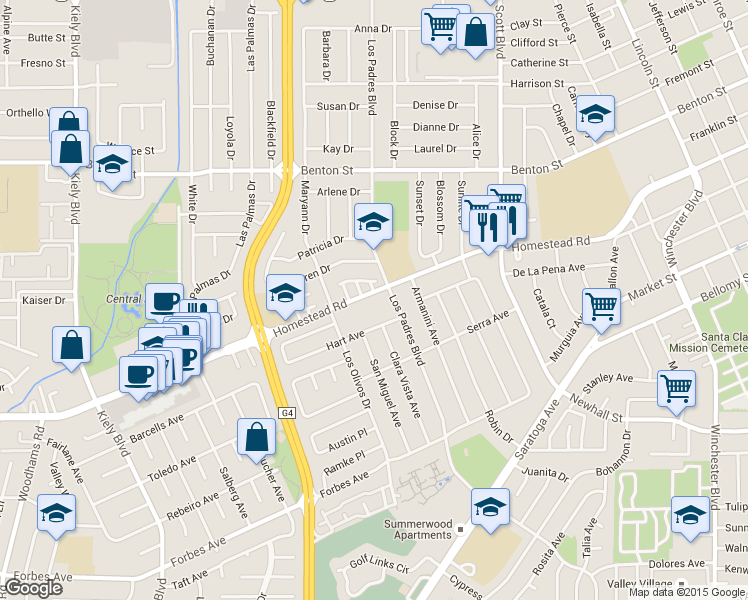 map of restaurants, bars, coffee shops, grocery stores, and more near 2322 Homestead Road in Santa Clara