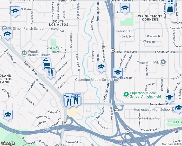 map of restaurants, bars, coffee shops, grocery stores, and more near 1560 Ashcroft Way in Sunnyvale