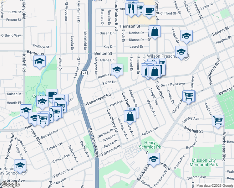 map of restaurants, bars, coffee shops, grocery stores, and more near 2322 Homestead Road in Santa Clara