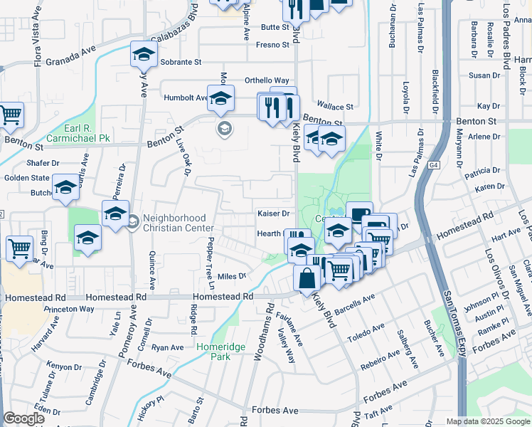 map of restaurants, bars, coffee shops, grocery stores, and more near 3001-3071 Kaiser Drive in Santa Clara