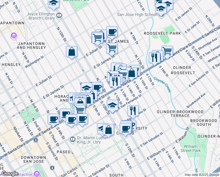 map of restaurants, bars, coffee shops, grocery stores, and more near East Santa Clara Street in San Jose