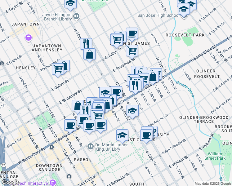 map of restaurants, bars, coffee shops, grocery stores, and more near 95 North 11th Street in San Jose