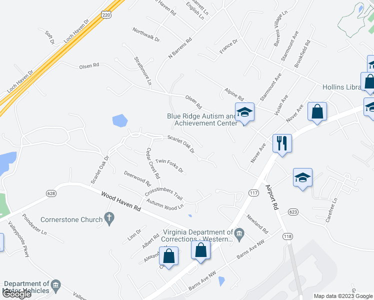 map of restaurants, bars, coffee shops, grocery stores, and more near 7261 Scarlet Oak Drive in Roanoke