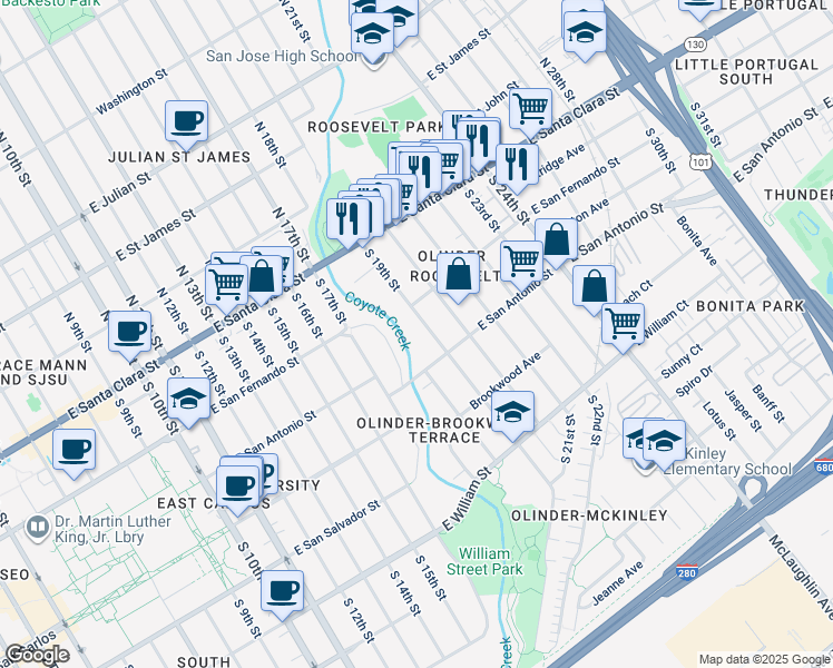 map of restaurants, bars, coffee shops, grocery stores, and more near 111 South 19th Street in San Jose