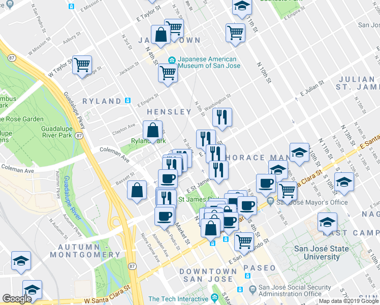 map of restaurants, bars, coffee shops, grocery stores, and more near 329 North 4th Street in San Jose