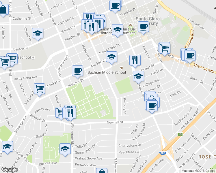 map of restaurants, bars, coffee shops, grocery stores, and more near 375 Madison Street in Santa Clara