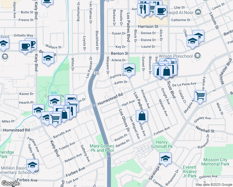 map of restaurants, bars, coffee shops, grocery stores, and more near 2361 De Varona Place in Santa Clara
