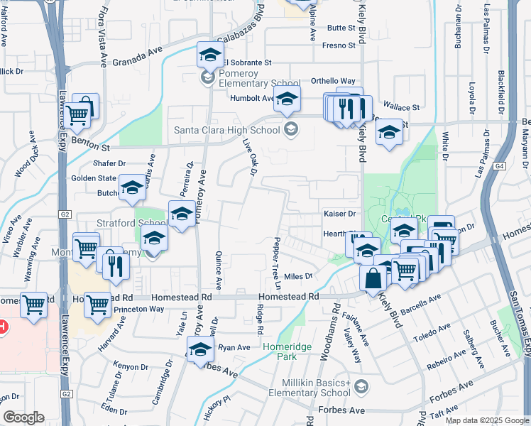 map of restaurants, bars, coffee shops, grocery stores, and more near 900 Pepper Tree Lane in Santa Clara