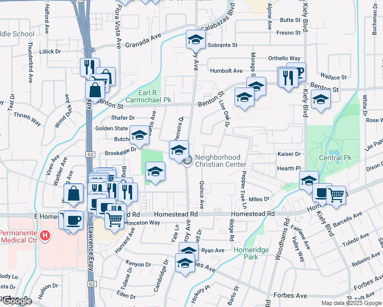 map of restaurants, bars, coffee shops, grocery stores, and more near 926 Pomeroy Avenue in Santa Clara