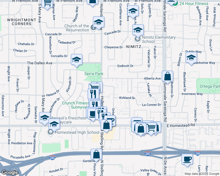 map of restaurants, bars, coffee shops, grocery stores, and more near 1565 Oak Point Terrace in Sunnyvale