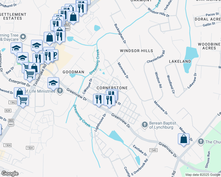 map of restaurants, bars, coffee shops, grocery stores, and more near 301 Portico Street in Lynchburg