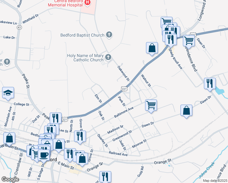 map of restaurants, bars, coffee shops, grocery stores, and more near 1105 Longwood Avenue in Bedford