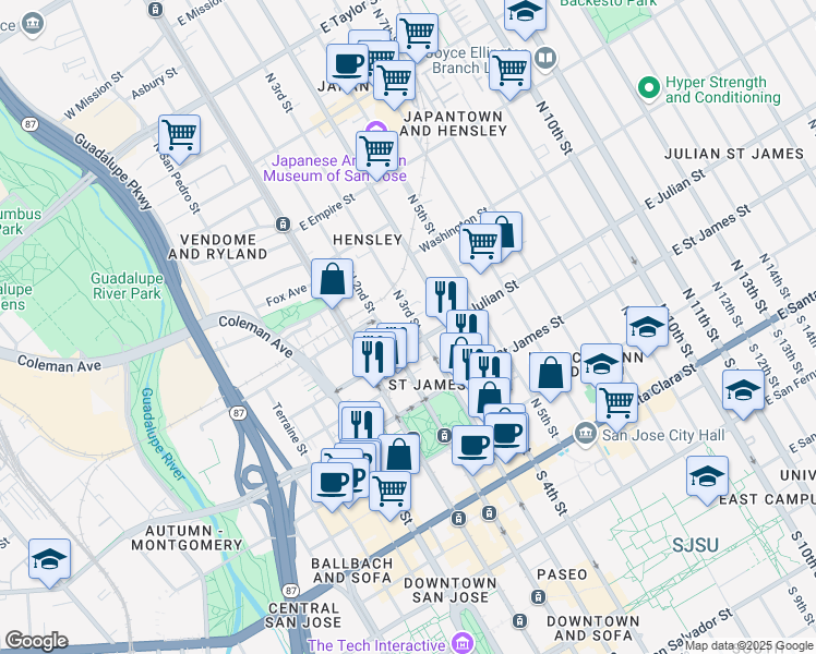 map of restaurants, bars, coffee shops, grocery stores, and more near 325 North 3rd Street in San Jose