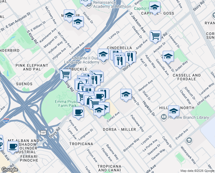 map of restaurants, bars, coffee shops, grocery stores, and more near 1918 Story Road in San Jose