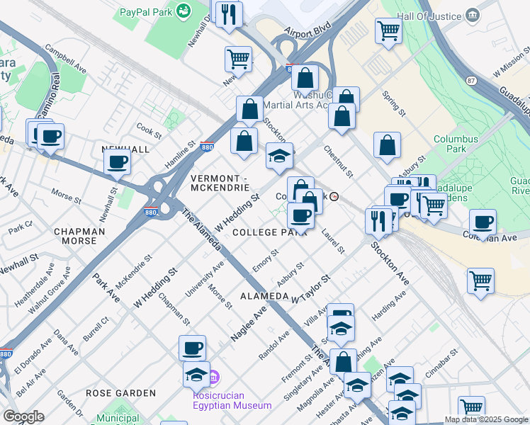 map of restaurants, bars, coffee shops, grocery stores, and more near Elm Street in San Jose