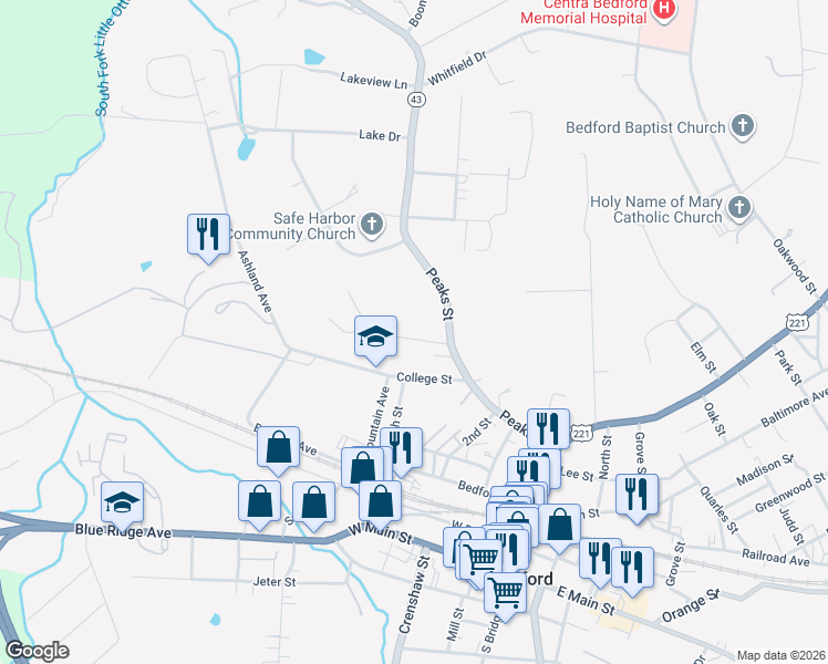 map of restaurants, bars, coffee shops, grocery stores, and more near 733 Peaks Street in Bedford