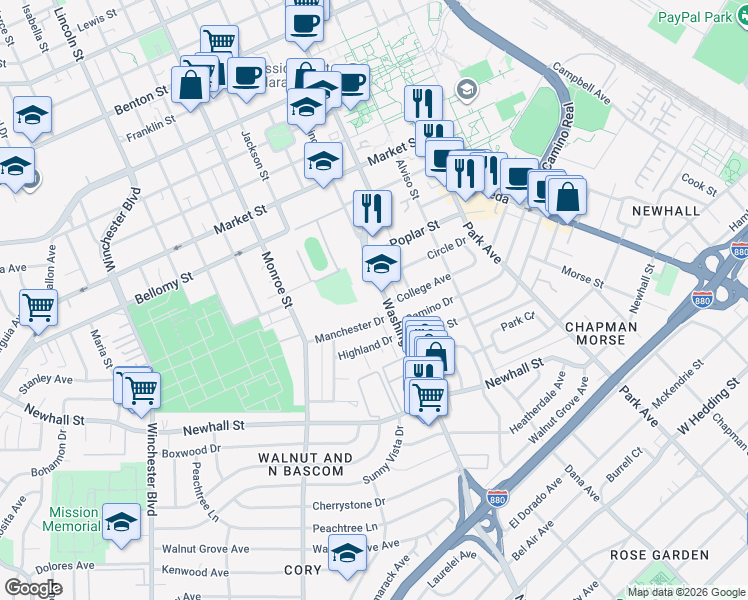 map of restaurants, bars, coffee shops, grocery stores, and more near 270 Washington Street in Santa Clara
