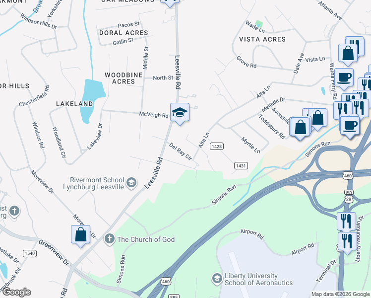 map of restaurants, bars, coffee shops, grocery stores, and more near 410 Alta Lane in Lynchburg
