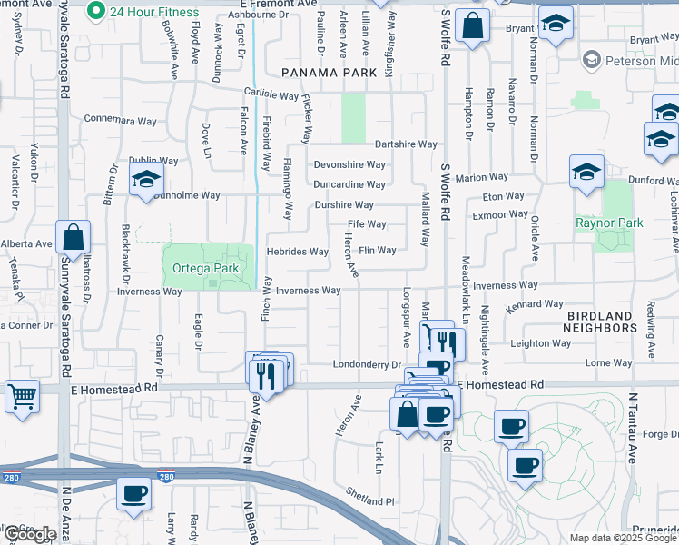 map of restaurants, bars, coffee shops, grocery stores, and more near 1584 Grackle Way in Sunnyvale