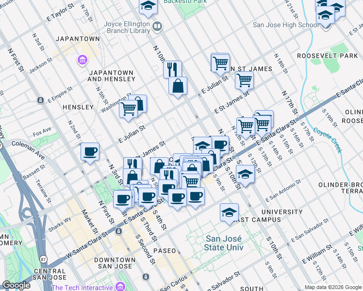 map of restaurants, bars, coffee shops, grocery stores, and more near 340 East Saint James Street in San Jose