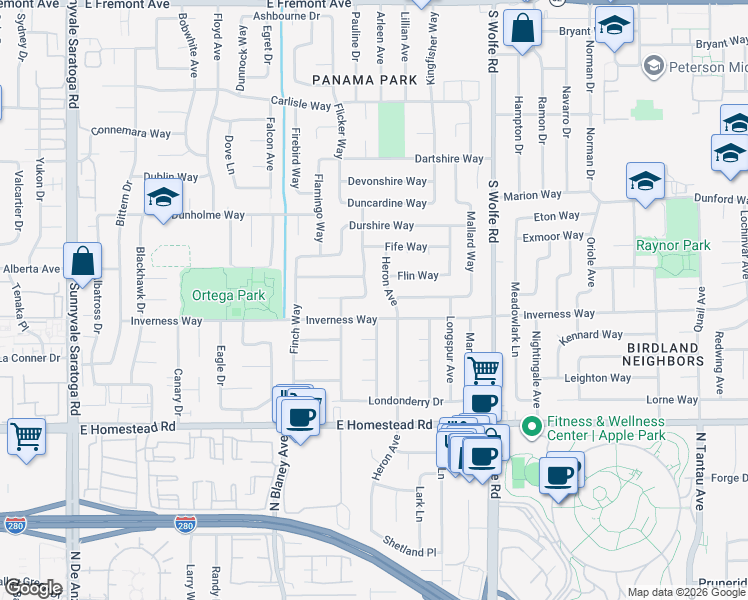 map of restaurants, bars, coffee shops, grocery stores, and more near 1584 Grackle Way in Sunnyvale