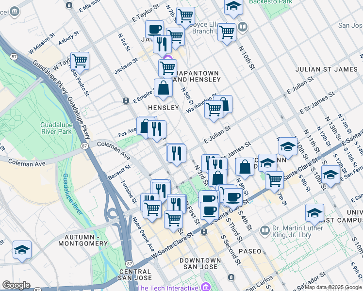 map of restaurants, bars, coffee shops, grocery stores, and more near 325 North 3rd Street in San Jose