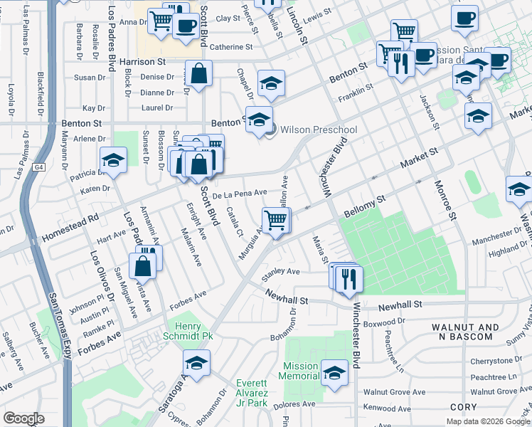 map of restaurants, bars, coffee shops, grocery stores, and more near 680 Moreno Lane in Santa Clara