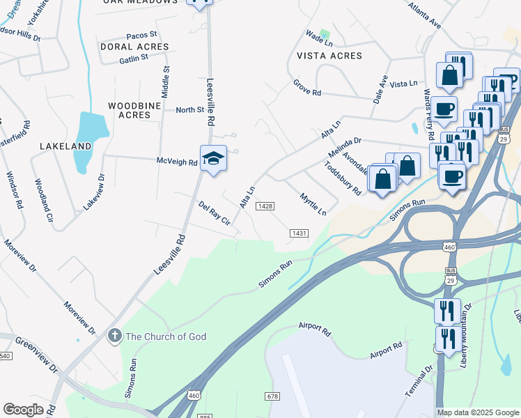 map of restaurants, bars, coffee shops, grocery stores, and more near 148 Edgewood Dr in Lynchburg