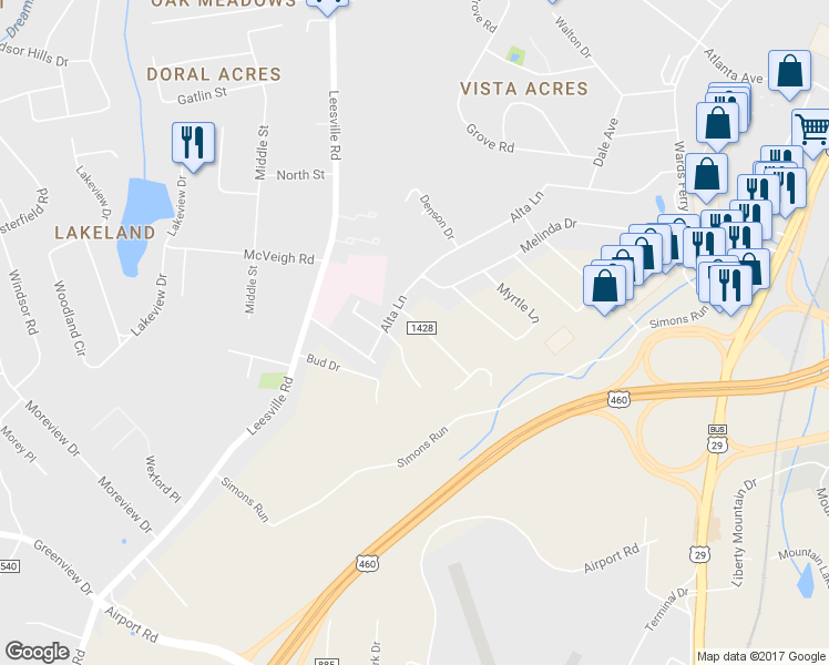 map of restaurants, bars, coffee shops, grocery stores, and more near 148 Edgewood Dr in Lynchburg