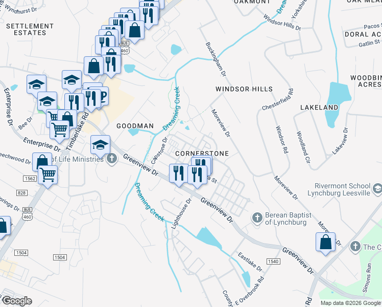 map of restaurants, bars, coffee shops, grocery stores, and more near 301 Portico Street in Lynchburg