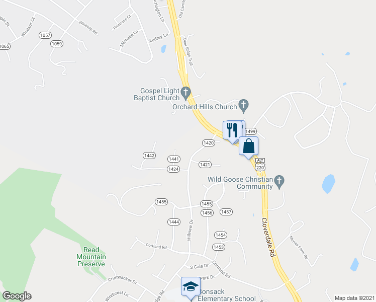 map of restaurants, bars, coffee shops, grocery stores, and more near 158 Hillview Drive in Roanoke