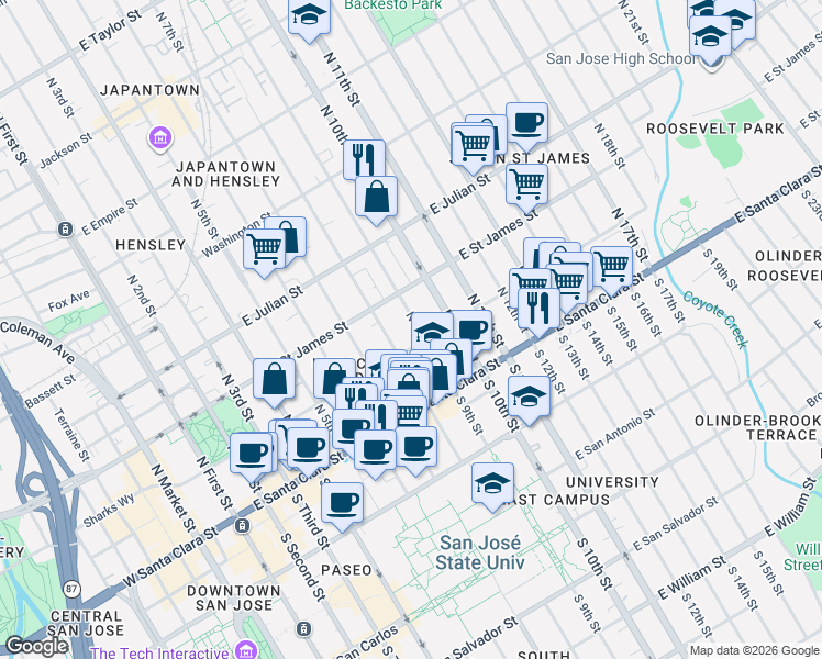 map of restaurants, bars, coffee shops, grocery stores, and more near 161 North 9th Street in San Jose