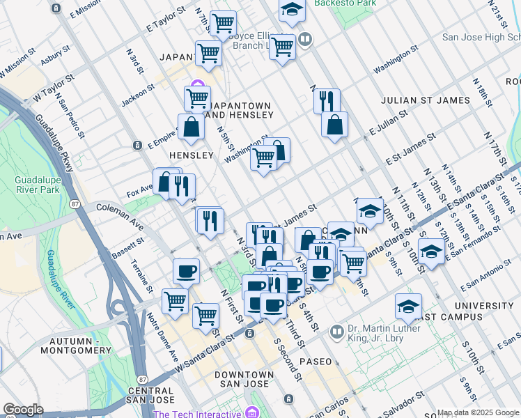 map of restaurants, bars, coffee shops, grocery stores, and more near 301 North 5th Street in San Jose