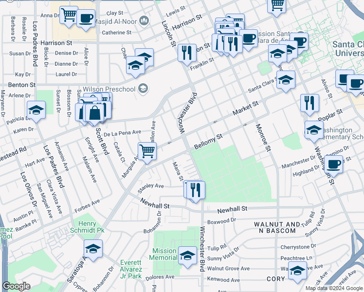 map of restaurants, bars, coffee shops, grocery stores, and more near 575N Winchester Boulevard in Santa Clara