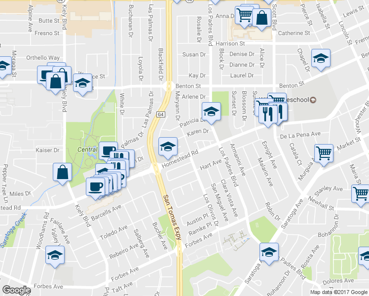 map of restaurants, bars, coffee shops, grocery stores, and more near 2361 De Varona Place in Santa Clara