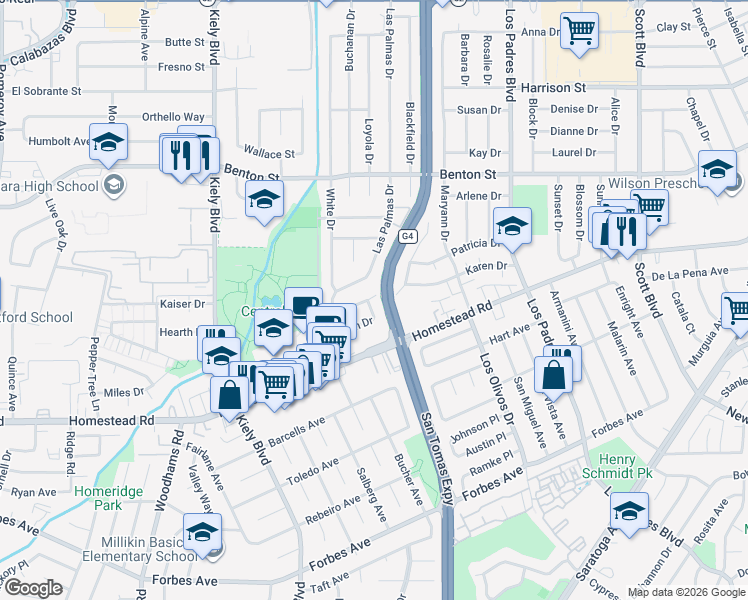 map of restaurants, bars, coffee shops, grocery stores, and more near 961 Las Palmas Drive in Santa Clara