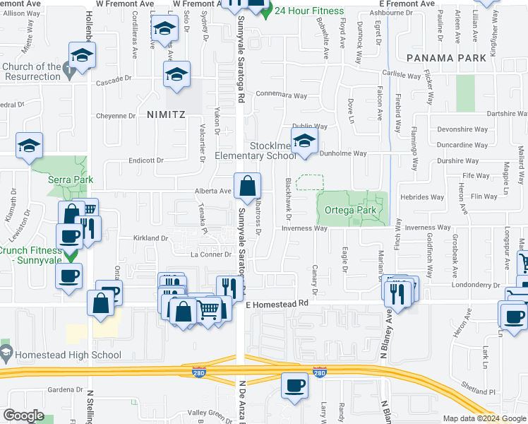 map of restaurants, bars, coffee shops, grocery stores, and more near 1570 Albatross Drive in Sunnyvale
