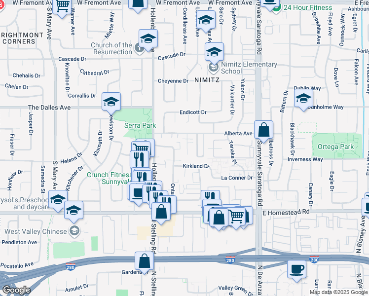 map of restaurants, bars, coffee shops, grocery stores, and more near 1570 Quebec Court in Sunnyvale