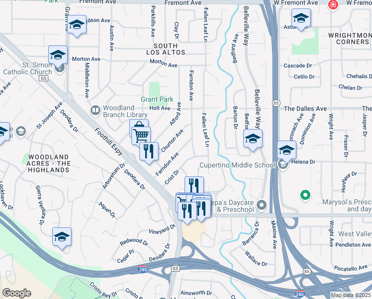 map of restaurants, bars, coffee shops, grocery stores, and more near 2003 Crist Drive in Los Altos