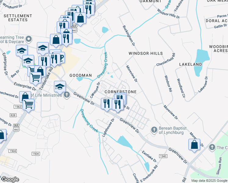 map of restaurants, bars, coffee shops, grocery stores, and more near 301 Portico Street in Lynchburg