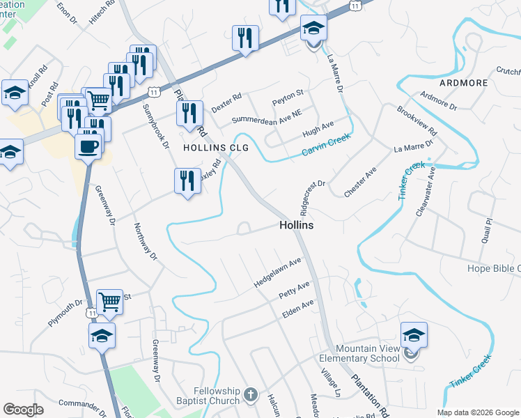 map of restaurants, bars, coffee shops, grocery stores, and more near 6942 Plantation Rd in Roanoke