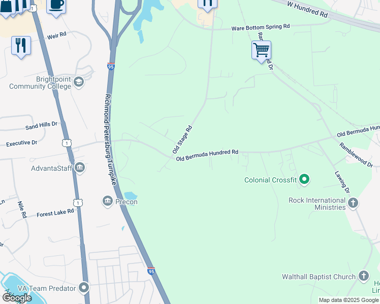 map of restaurants, bars, coffee shops, grocery stores, and more near 2104 Old Bermuda Hundred Road in Chester