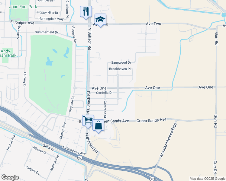 map of restaurants, bars, coffee shops, grocery stores, and more near 1959 Cordelia Drive in Atwater