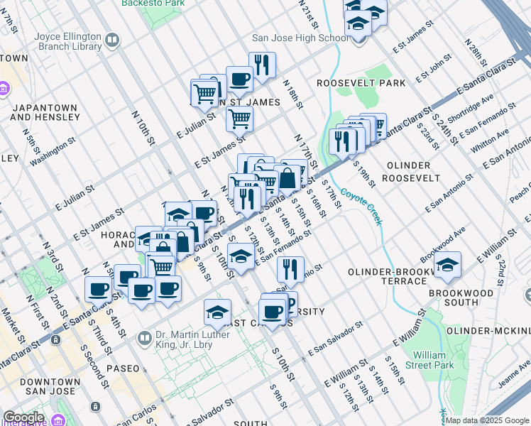 map of restaurants, bars, coffee shops, grocery stores, and more near in San Jose